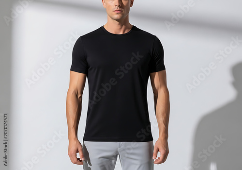 Man wearing black t-shirt and light pants standing