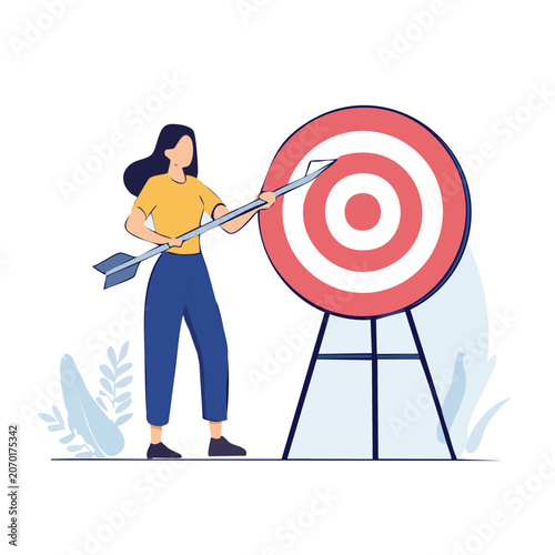 Woman aiming arrow at archery target, flat vector illustration