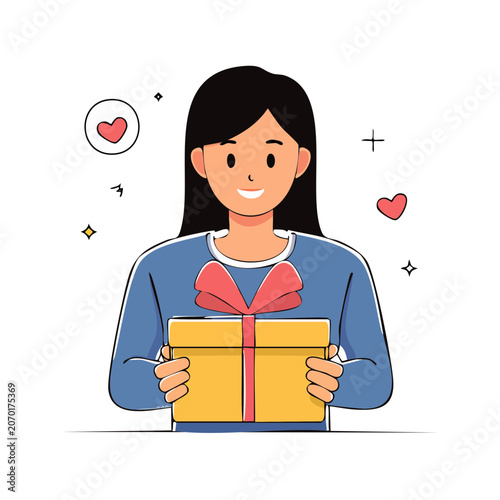 Woman holding gift box with ribbon in flat style
