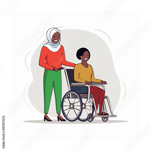 Woman in hijab assisting person in wheelchair, flat vector