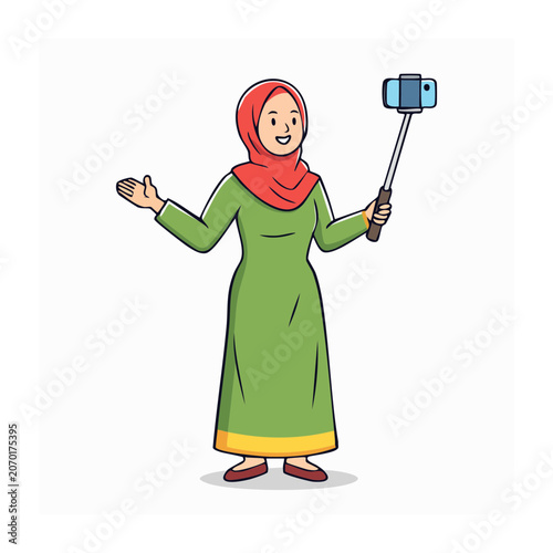 Woman in Hijab Holding a Selfie Stick with Smartphone