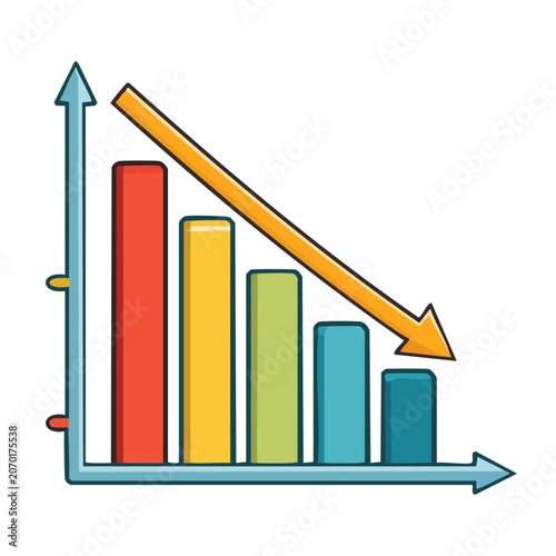 Bar chart showing a downward trend with an arrow