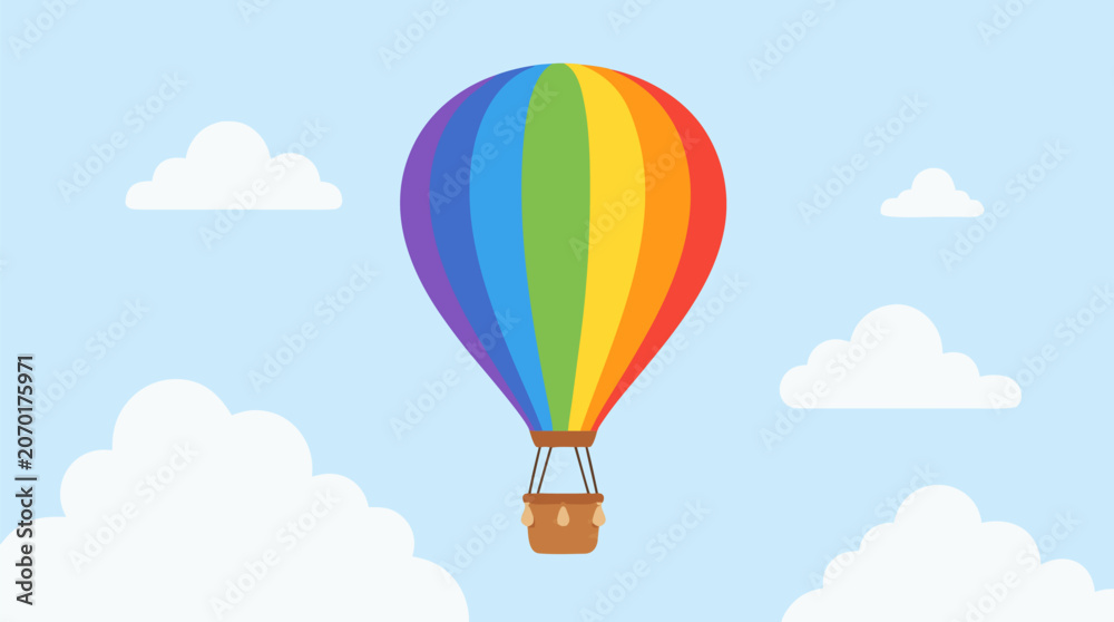 Fototapeta premium Vibrant rainbow colored hot air balloon floating gracefully in a clear blue sky, flat vector illustration of a whimsical aerial adventure and outdoor travel tourism concept design elements.