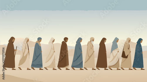 Minimalist flat vector illustration of faceless pilgrims walking in a long line, representing a spiritual journey, religious pilgrimage, or communal march toward a shared goal on light background.