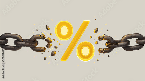 Glowing percentage symbol breaking an iron chain in a powerful flat vector illustration, symbolizing financial freedom, debt relief, economic liberation, and escaping high interest rates fast.
