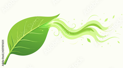 Glowing green energy flowing from a fresh organic leaf, flat vector illustration representing renewable power, eco-friendly technology, sustainability, and clean nature-based energy solutions.