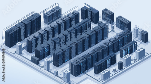 Massive data center server racks in a clean isometric view, representing high-speed cloud computing, networking infrastructure, and database storage systems in a flat vector illustration.