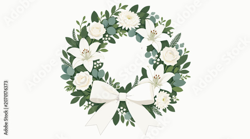 Elegant green laurel memorial wreath with blank white ribbon for custom text, flat vector illustration of commemorative floral arrangement isolated on light background for funeral or honor service.