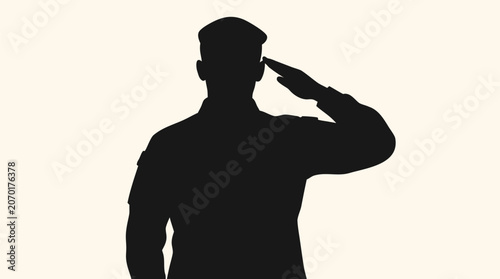 Patriotic military veteran silhouette saluting in profile, flat vector illustration of army soldier in uniform paying respect, symbolic of honor, courage, and national service on light background.