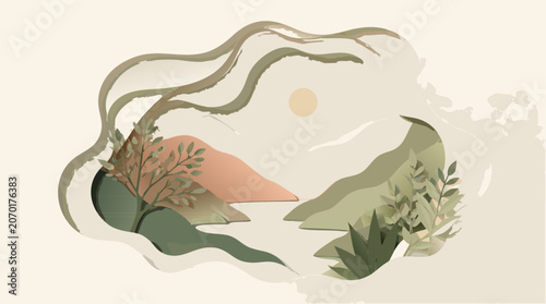 Abstract 3D paper cut layers with soft realistic shadows and fluid organic shapes, flat vector illustration of topographic carving aesthetic in minimalist style for creative background design.