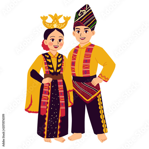 Illustration of Malaysian citizens wearing traditional Limbai dance clothes.