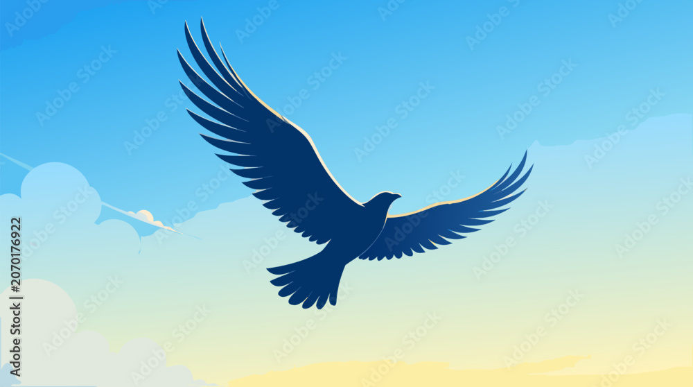 Fototapeta premium Abstract silhouette of a lone bird soaring high across a bright and sunny sky in a minimalist flat vector illustration style, representing freedom, peace, hope, and the beauty of wild nature in