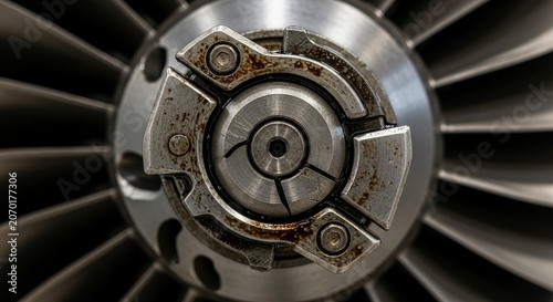 Extreme close-up of a complex, weathered turbine engine rotor blade component with intricate mechanical details