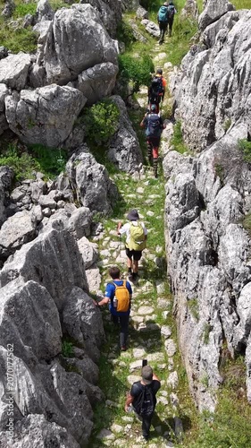Mountaineers trekking along an ancient historical caravan route