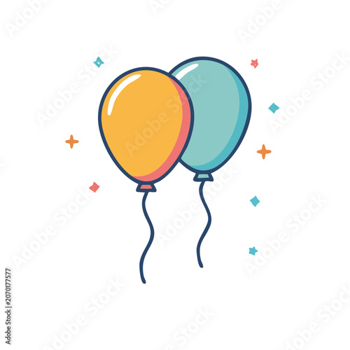 Two colorful balloons with strings, flat vector illustration