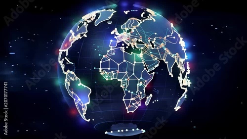 Global network connections are shown on a digital globe highlighting major cities and data lines across continents at night