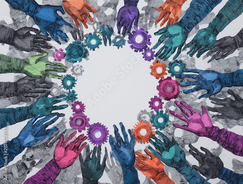 a symbolic representation of collaboration with numerous hands, some depicted in a spectrum of colors and others in grayscale, holding a collection of intermeshing gears