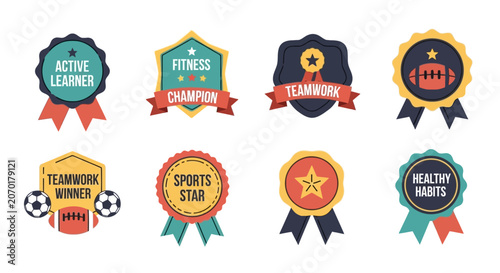 Set of achievement badges for sports and learning progress