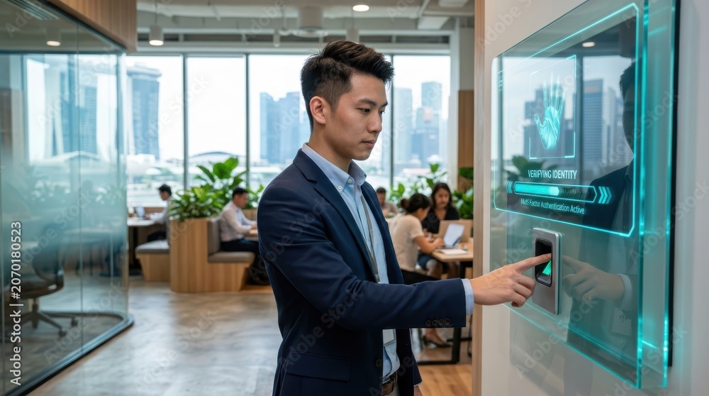 Fototapeta premium Man using biometric fingerprint scanner for access control in modern office environment
