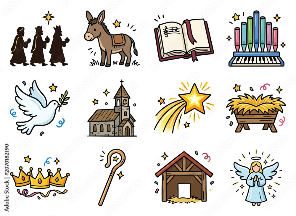 Obraz premium Christmas Nativity symbols with wise men donkey dove church organ song and angel in a manger scene