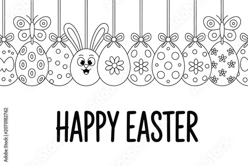 Happy easter decoration hanging eggs and bunny coloring page with coloring