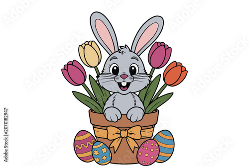 Cute cartoon bunny inside flower pot with painted easter eggs, colorful