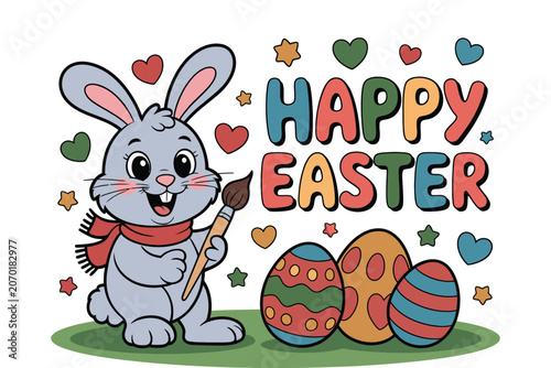 Cartoon bunny painting easter eggs with happy easter text graphic, painting