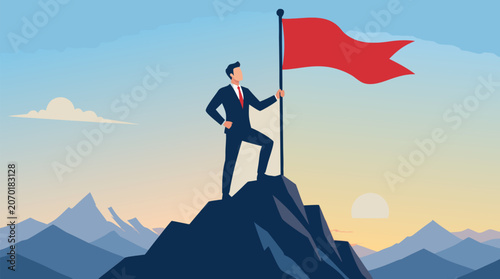 Faceless business leader successfully planting a red flag on a high mountain peak at sunrise, flat vector illustration representing goal achievement, leadership, and professional triumph.