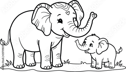 Cute cartoon mother elephant and baby elephant standing on grass, coloring page for kids