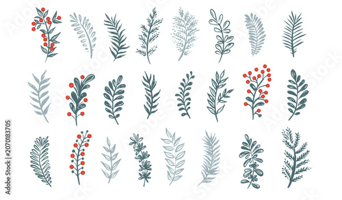 Blue Branches set, hand drawn, vector.	