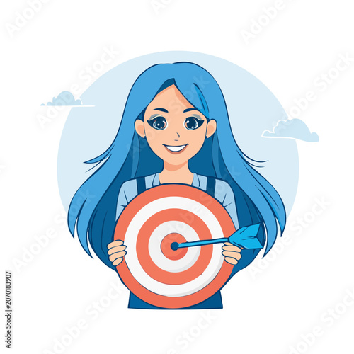 Woman holding target with arrow in bullseye