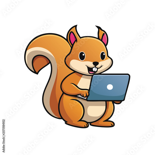 Cartoon squirrel using a laptop