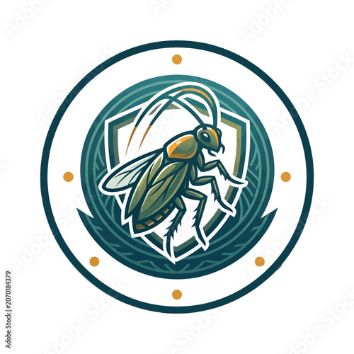 Illustration of a stylized cockroach in a circular emblem, featuring a shield design with green and blue accents, suitable for pest control or insecticide branding and design elements
