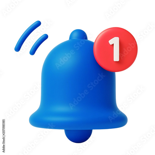 blue ringing notification bell icon with red badge number one alert symbol isolated digital interface design remove background for fast marketplace product listing