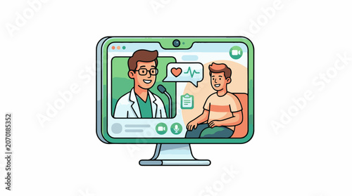 A cartoon computer screen displays a doctor and patient video call
