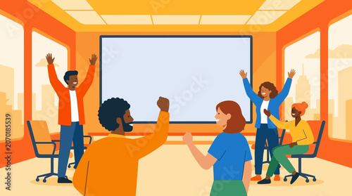 Diverse group of people celebrating success in a modern meeting room with a blank screen for presentations