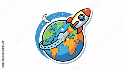 A colorful cartoon illustration of a rocket ship soaring around the Earth