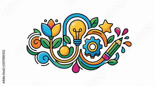A colorful abstract illustration of a lightbulb, gear, pencil, leaves, and flowers