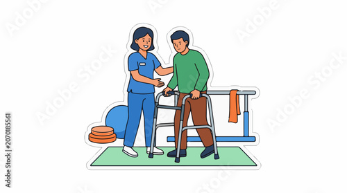 A healthcare worker helps an elderly person using a walker