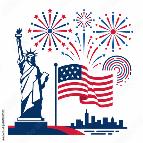 4th of July Independence Day USA Celebration with Statue of Liberty and American Flag