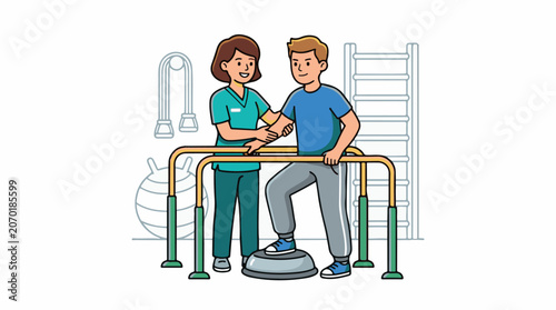 A female therapist assists a male patient with support bars for balance