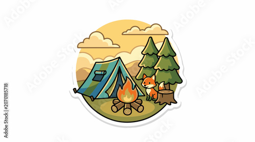 A cartoon camping scene with a tent, fox, campfire, trees, and mountains