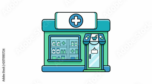 A cartoon illustration of a pharmacy store with a blue and green color scheme and a white sign featuring a blue cross on top