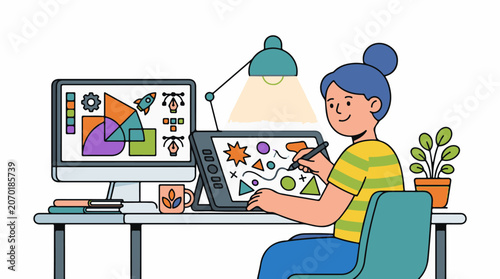 A woman with blue hair in a bun sits at a desk with a computer and graphics tablet