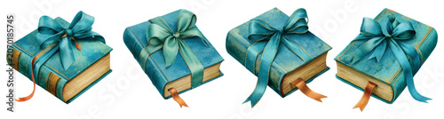 Tableau sur toile Set of four teal watercolor books, each presented as a gift with a decorative ri