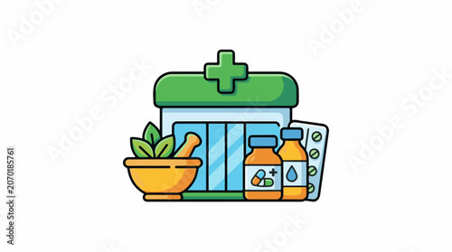 A colorful illustration of a green and blue medical kit with a cross on top, accompanied by a mortar and pestle, two bottles, and a blister pack