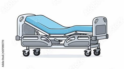 A medical bed with blue mattress on wheels