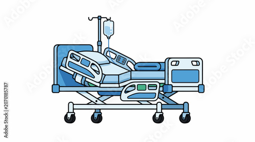 A hospital bed on wheels with an IV drip and blue mattress