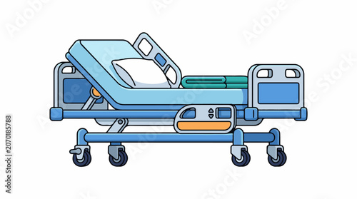 A hospital bed on wheels with blue frame and white pillow