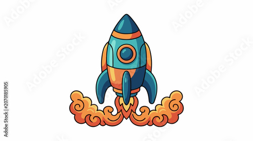 A colorful cartoon rocket ship blasting off with orange flames